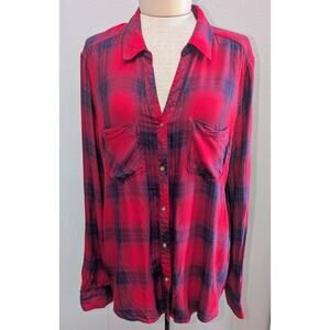 Tinsel Red and Navy Plaid Button-Up Blouse